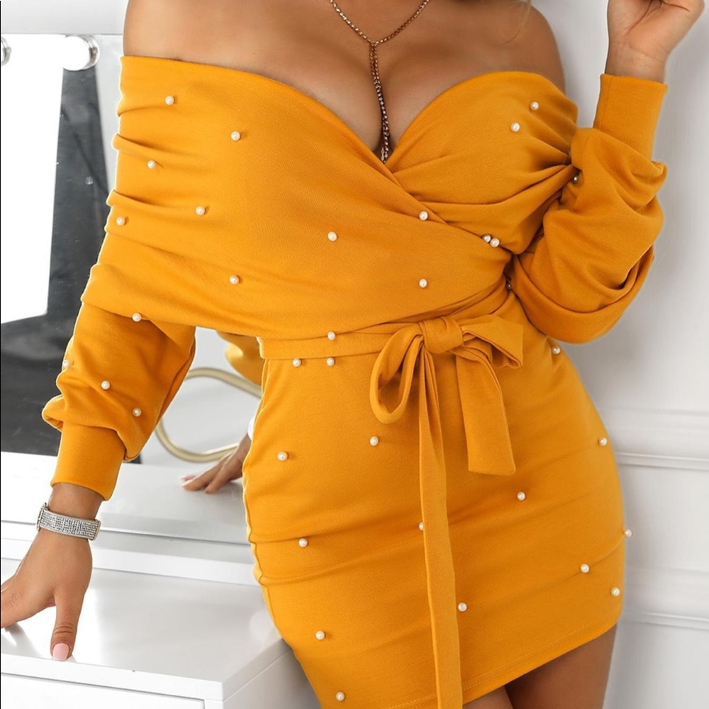 Beaded Off Shoulder Belted Sweater Dress